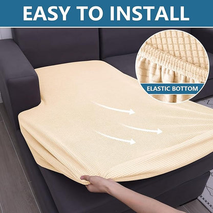 hyha Waterproof Sectional Couch Covers, Non Slip Sofa Couch Cushion Covers L Shape, Thick Stretch Jacquard Fabric, Washable Sofa Slipcovers with Elastic Bottom (1 Piece for Chaise XL, Beige)
