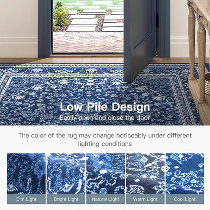 Lofus 6x9 Area Rugs for Living Room, Machine Washable Non-Slip Area Rug, Low Pile Large Rugs for Bedroom, Kitchen, Dining Room, Home Office, Vintage Oriental Print Rug, Dark Blue with White
