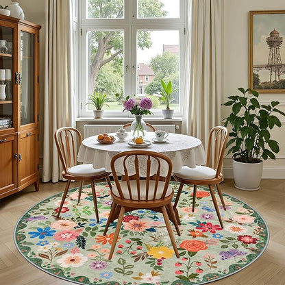 Round Area Rug for Living Room: 6 ft Floral Washable Circle Rug Soft Boho Non-Slip Carpet Indoor Stain Resistant Low Pile Small Circular Rug for Bedroom Entryway Kitchen Nursery Home Office Green