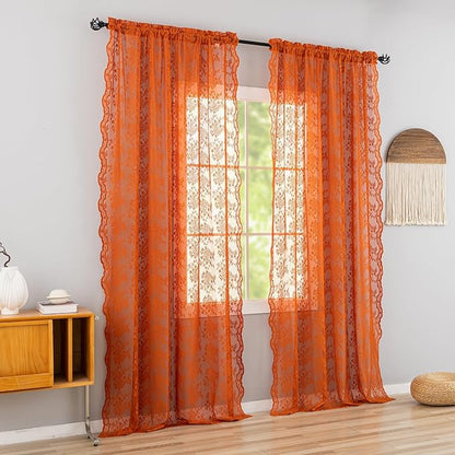 YJ YANJUN Vintage Lace Curtains 84 Inches Long-Rustic Floral Bohemian Burnt Orange Sheer Curtain Panels for Living Room Bedroom Kitchen,Light Filtering, Boho Autumn Fall Decor 2 Panels 52W x 84L