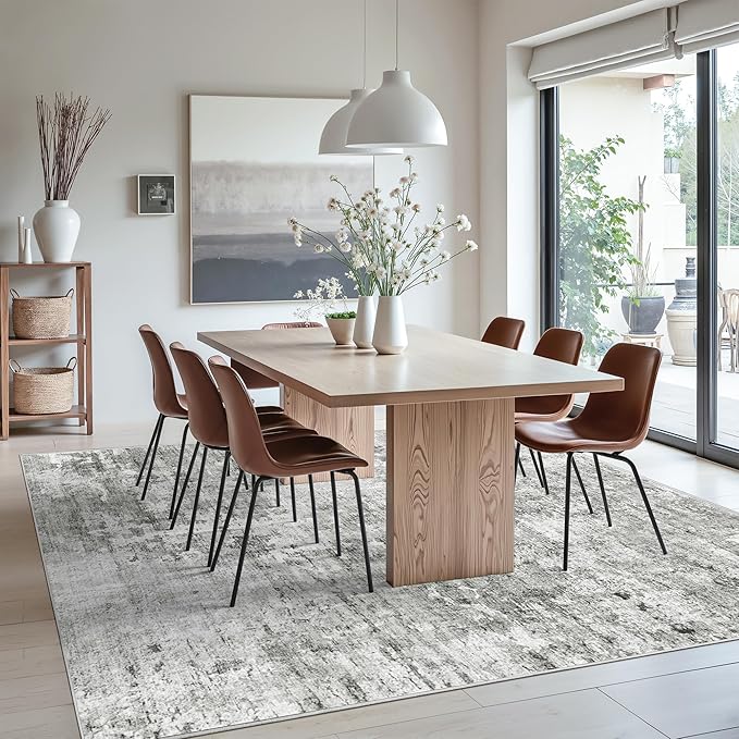 Abstract Rug 8x10 Large Living Room Rugs Neutral Modern Washable Area Rugs for Bedroom Dining Room Non-Slip Stain Resistant Foldable Thin Rug Gray White