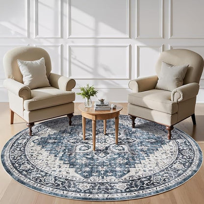 AMADA HOMEFURNISHING Round 8ft Area Rugs, Low-Profile Washable Rug with Non-Slip Backing & Durable Edge Binding, Vintage Rugs for Living Room, Bedroom, Dinning Room