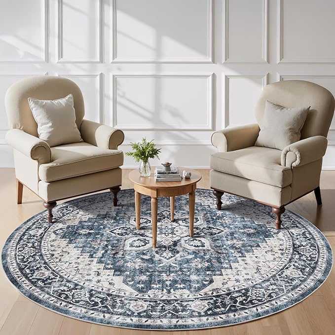 AMADA HOMEFURNISHING Round 6ft Area Rugs, Low-Profile Washable Rug with Non-Slip Backing & Durable Edge Binding, Vintage Rugs for Living Room, Bedroom, Dinning Room