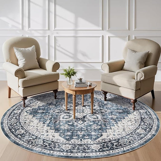 AMADA HOMEFURNISHING Round 6ft Area Rugs, Low-Profile Washable Rug with Non-Slip Backing & Durable Edge Binding, Vintage Rugs for Living Room, Bedroom, Dinning Room