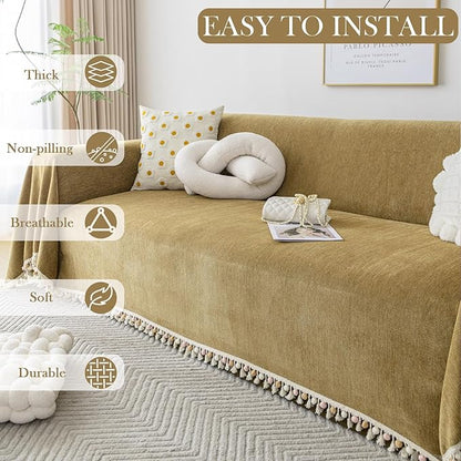 HANDONTIME Couch Covers for Pets Boho Mustard Yellow Love Seat Couch Covers Brown Sofa Cover for Dogs Pet Couch Protector Chenille Tassel Sofa Slipcovers Sofa Throw Cover Boho Decor, 91" X134"