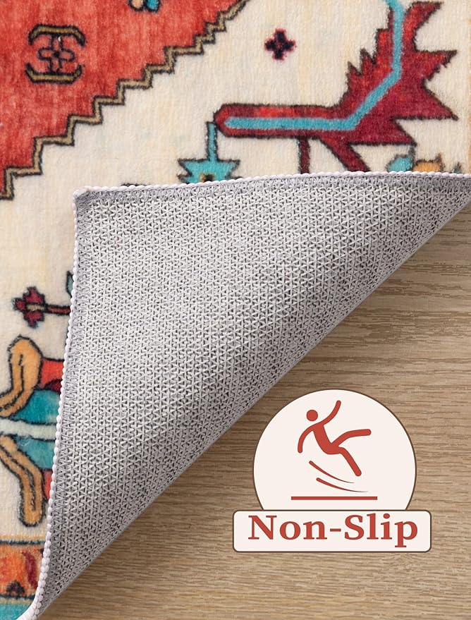 SERISSA Boho Washable Runner Rug, 2x6 Rug Runner Non-Slip Vintage Orange Hallway Kitchen Runner Rug Ultra Soft Print Distressed Tribal Floor Carpet Runner for Bedroom Bathroom Laundry Living Room