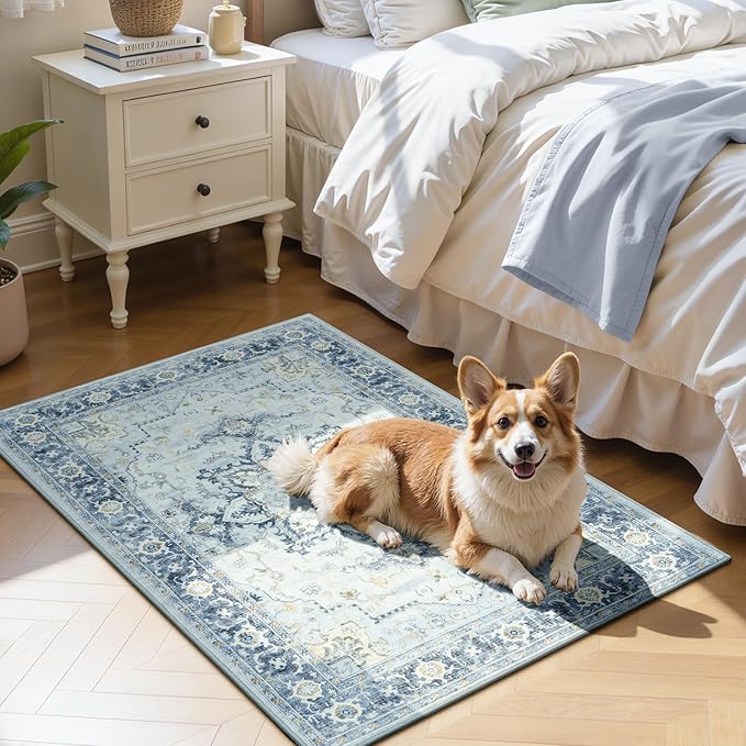 Lofus 2x3 Washable Rug for Entryway Bathroom, Non Slip Kitchen Mats for Floor, Vintage Soft Door Mat Indoor Entrance, Small Area Rugs, Farmhouse Carpet for Entry Living Room Bedroom, Blue Gold