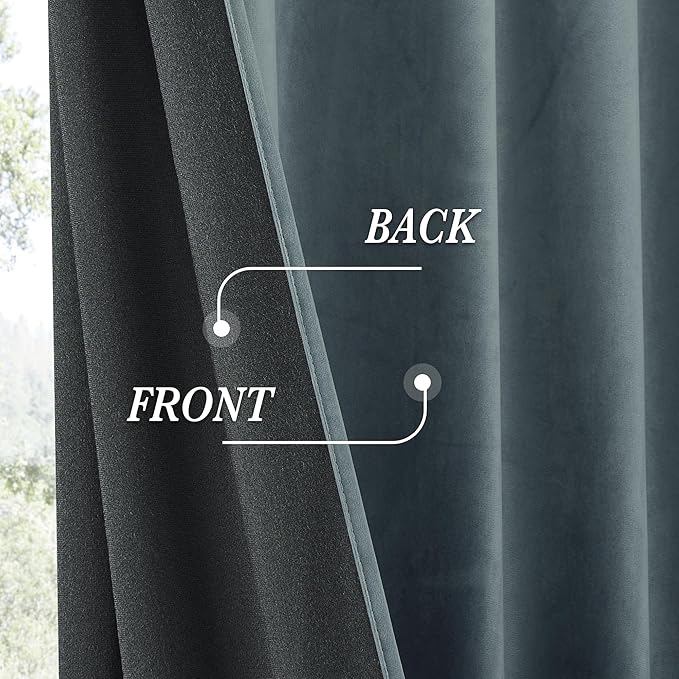 RYB HOME Dusty Blue Velvet Drapes for Baby Boy Bedroom, Thermal Insulated, Light Blocking, Floor-Length Velvet Curtains with Hook Belt for Modern Home Decor, 52" W x L96 L, 2 Panels Set