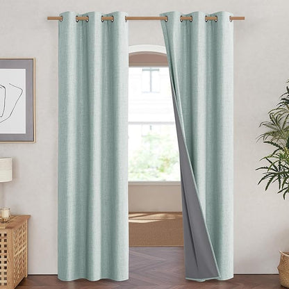 NICETOWN 100% Absolutely Blackout Linen Curtains with Thermal Insulated White Liner, Seafoam Green, 42" Wide, 84" Length Energy Saving Curtains for Living Room 2 Panels Set, Vertical Blinds