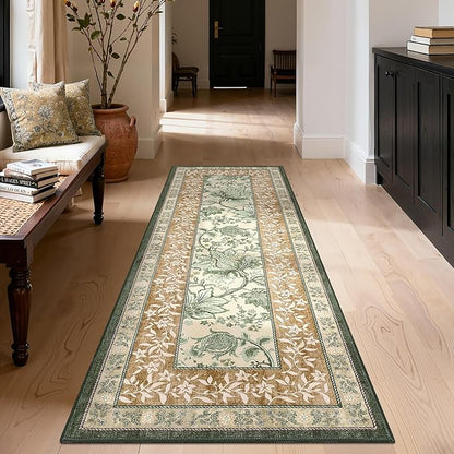 GarveeHome Terracotta Olive Sage Green 2x6 Washable Kitchen Runner Rugs Non Slip Provence Botanical Grove Vintage Boho Cottage Long Rug for Hallways Bedroom TPE Rubber Backing
