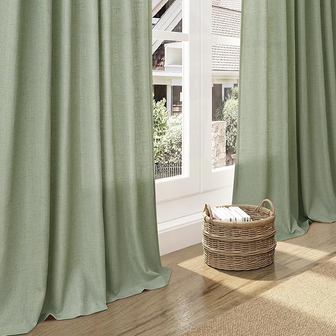 Nanspring Light Sage Linen Curtains 90 Inch Long 2 Panels Set for Bedroom Living Room Light Sage Linen Textured Window Drapes Semi Sheer Light Filtering Rod Pocket Back Tab Farmhouse Curtain 52x90