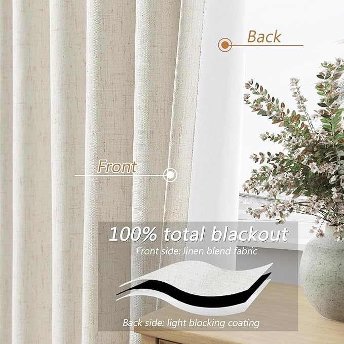 Guken Cream 100% Blackout Linen Curtains 42 Inch Wide by 108 Inch for Living Room Bedroom Back Tab Rod Pocket Thermal Insulated Black Out Drapes Room Darkening Farmhouse Window Curtains,42x108
