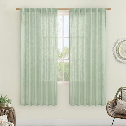 LAMIT Fresh Green Linen Boho Curtains 68 inch Length 2 Panels, Light Filtering Semi Sheer Panels Back Tab and Rod Pocket Neutral Drapes for Bedroom/Living Room, 52 x 68 Inch