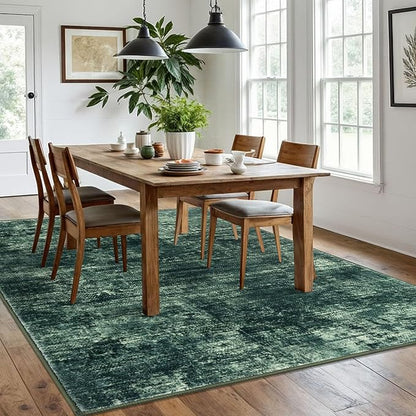 IOHOUZE Abstract Area Rugs 6x9 Ft Washable Rugs for Living Room, Non Slip Dining Room Rug, Printed Faux Wool Rugs for Bedroom, Floor Carpet for Office Nursery Playroom, Dark Green