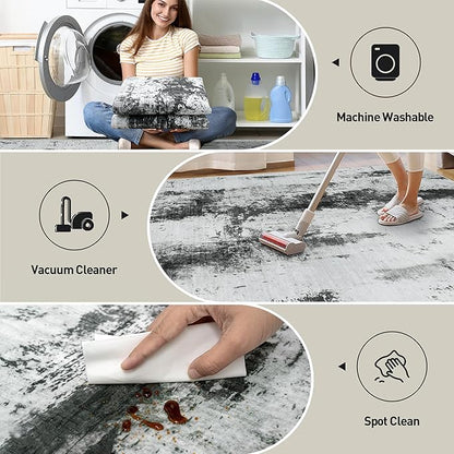 9x12 Area Rugs Washable Rug: Modern Abstract Living Room Rug Soft Anti-Skid Thin Carpet Indoor Floor Non-Shedding Carpets for Bedroom Dining Room Farmhouse Nursery Home Office Black White Grey
