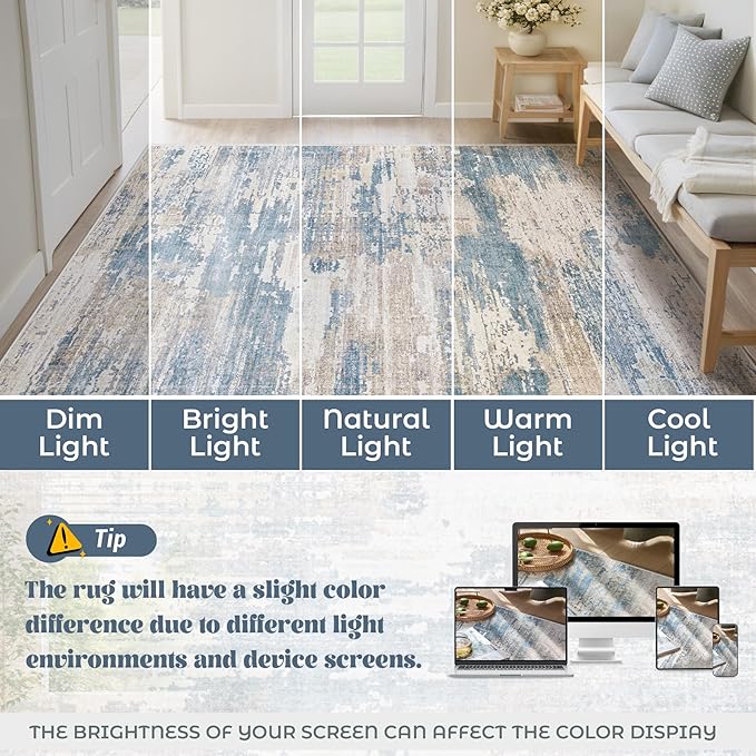 10x14 Area Rugs for Living Room, Washable Modern Abstract Large Area Rug Neutral Soft Non Slip Kids Rug Stain Resistant Indoor Carpet for Bedroom Dining Room Playroom Office(BlueBeige, 10'x14')