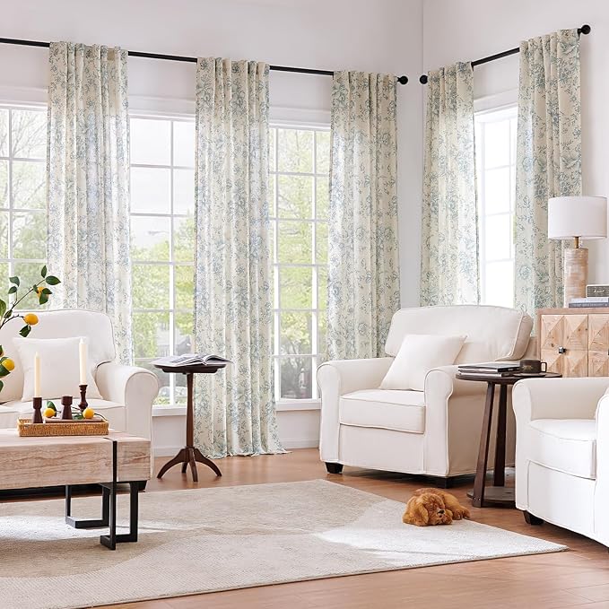 jinchan Linen Blend Curtain Floral Curtains for Living Room 84 Inch Length Blue Printed Curtain Rod Pocket Back Tab Farmhouse Peony Flower Patterned Drapes Bedroom Window Curtains Set 2 Panels