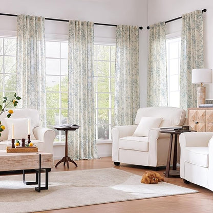 jinchan Linen Blend Curtain Floral Curtains for Living Room 96 Inch Length Blue Printed Curtain Rod Pocket Back Tab Farmhouse Peony Flower Patterned Drapes Bedroom Window Curtains Set 2 Panels