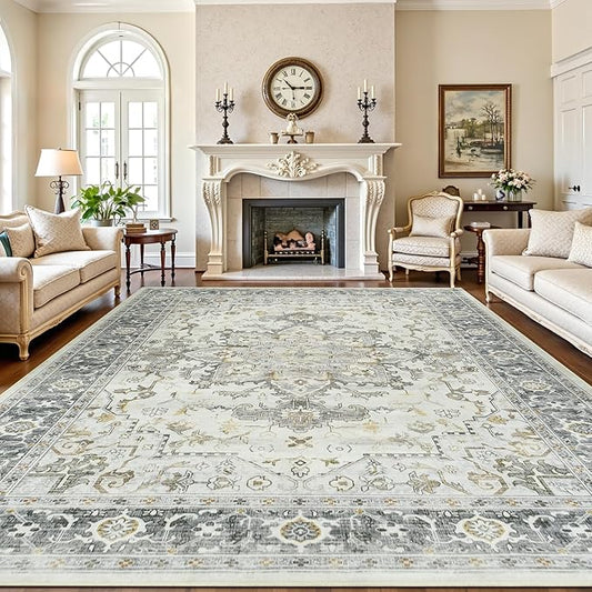 Lofus 9x12 Area Rugs for Living Room, Machine Washable Non-Slip Area Rug, Low Pile Large Rugs for Bedroom, Kitchen, Dining Room, Home Office, Vintage Oriental Print Rug, Taupe Grey