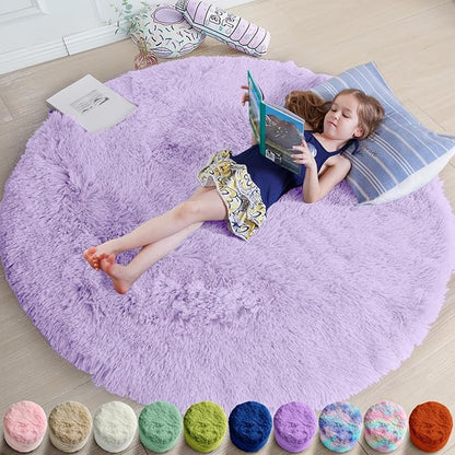 Amdrebio Light Purple Circle Round Rugs 4Ft for Girls Bedroom, Fluffy Fuzzy Area Rugs for Kids Room Decor Aesthetic, Soft Cute Furry Plush Shaggy Lavender Carpet for Living Room, Baby Nursery, Dorm