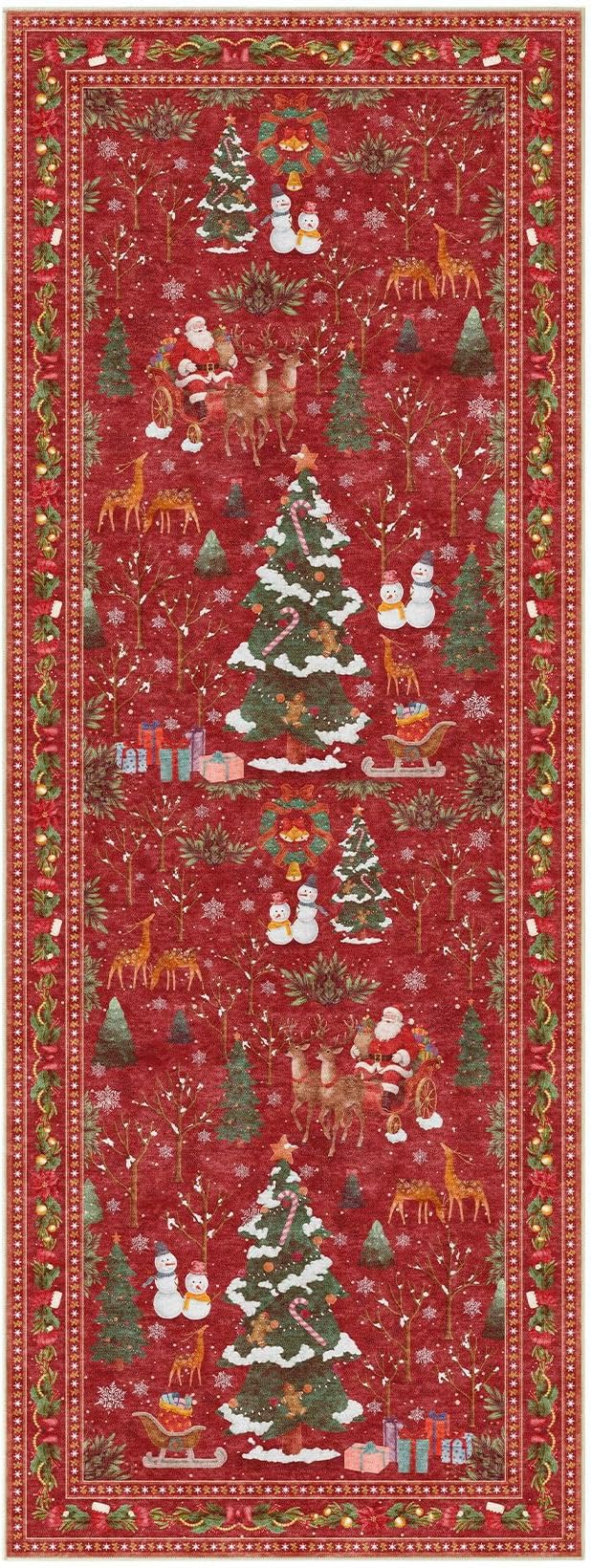 UERMEI Christmas Runner Rug for Hallway: 3x8 Neutral Modern Festive Low Pile Soft Thin Indoor Carpet for Bedroom Kitchen Mat Kids Room Holiday Decor - Red