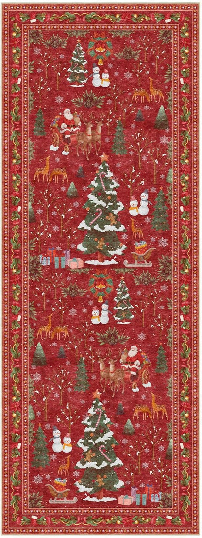 UERMEI Christmas Runner Rug for Hallway: 3x8 Neutral Modern Festive Low Pile Soft Thin Indoor Carpet for Bedroom Kitchen Mat Kids Room Holiday Decor - Red