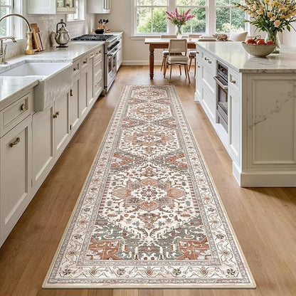Yamaziot Washable Runner Rug, 2x10 Non-Slip Boho Vintage Hallway Rug Runner with Rubber Backing, Low Pile Faux Wool Distressed Carpet Runner for Bedroom, Kitchen, Laundry, Entrance, Ginger Grey