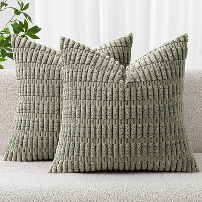 MIULEE Pack of 2 Corduroy Decorative Throw Pillow Covers 20x20 Inch Soft Boho Striped Pillow Covers Modern Farmhouse Home Decor for Summer Sofa Living Room Couch Bed Light Olive Green