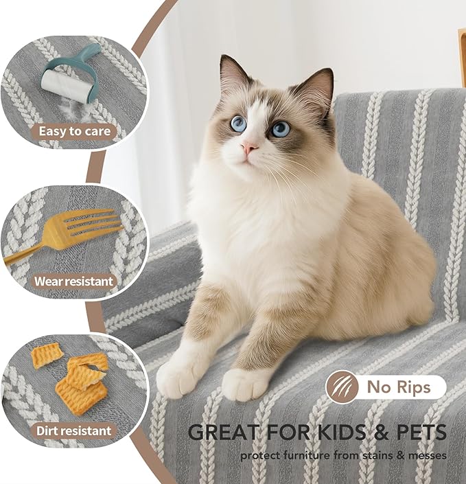 Couch Cover for Dogs, Boho Sofa Covers for 3 Cushion Couch, Chenille Sofa Slipcover for Pets Washable, L-Shape Sectional Loveseat Cover Soft Throw Blankets with Tassels(71x118,Striped Grey)