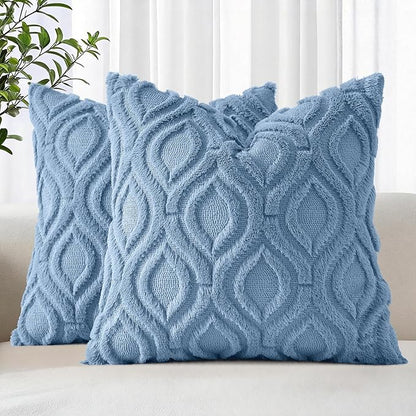 decorUhome Throw Pillow Covers 22x22 Inch Set of 2, Soft Plush Faux Wool Blue Solid Couch Pillow Covers, Accent Euro Sham Farmhouse Neutral Square Pillow Cases for Sofa Bed Living Room