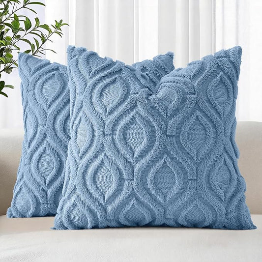 decorUhome Throw Pillow Covers 22x22 Inch Set of 2, Soft Plush Faux Wool Blue Solid Couch Pillow Covers, Accent Euro Sham Farmhouse Neutral Square Pillow Cases for Sofa Bed Living Room