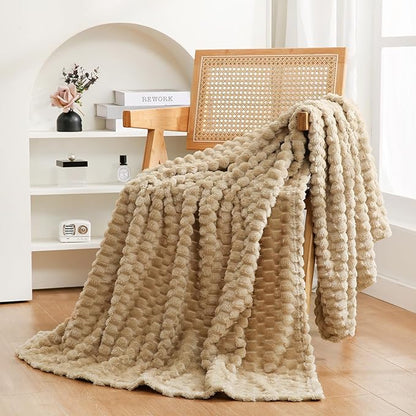 Puncuntex Beige Throw Blanket 60"×80" inches Fuzzy 3D Jacquard Decorative Flannel Fleece Super Soft Plush Cozy Blanket for Couch Sofa Chair Lightweight