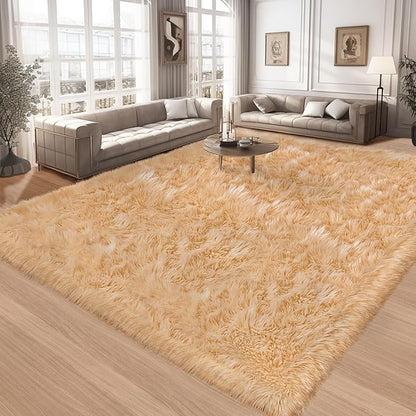 Ciicool Fluffy Faux Fur Area Rug 8 x 10 Feet, Beige Faux Sheepskin Rug Area Rug Large Shag Rug, Thick Shaggy Fuzzy Rugs Floor Carpets for Living Room, Bedroom, Dorm, Luxury Room Decor, Rectangle