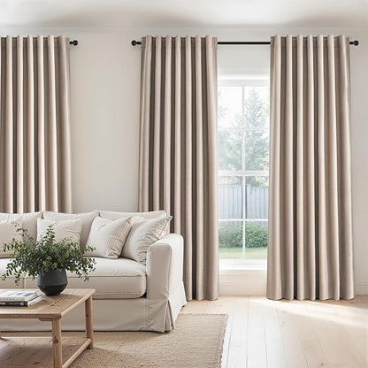 90 inch long linen Blackout curtains 2 Panels 100% Black out Linen texture Curtain Window Drapes with Back Tab Rod Pocket Light Blocking Thermal Insulated Curtains for Bedroom Living Room Beige
