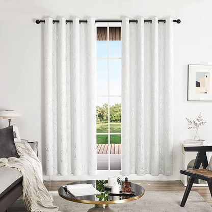 Deconovo Room Darkening Curtains, White Curtain, Thermal Insulated & Noise Reducing Drapes, Silver Branch Pattern, 52 x 95 Inch Long, Grommet Panels for Bedroom Living Room Office Nursery, Set of 2