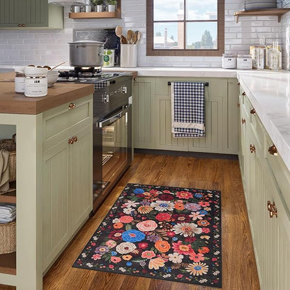 Black/Brown Floral Rug for Entryway, 2x3 Washable Kitchen Mat Ultra-Thin Soft, Non-Slip Indoor Door Carpet Stain Resistant Boho Small Low-Pile Throw for Bathroom Bedroom (2 x 3, Black/Brown)