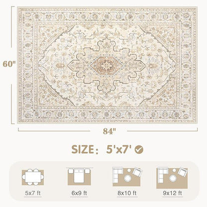 Area Rugs 5x7 Vintage Rug: Washable Living Room Rug Retro Medallion Distressed Large Soft Low Pile Non-Slip Indoor Floor Carpet for Bedroom Kitchen Nursery Dining Table Office (BeigeBrown, 5'x7')
