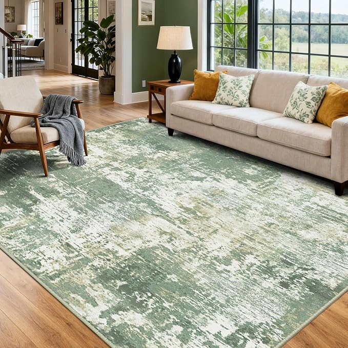 Washable Area Rugs 7'x9' Non-Slip Modern Abstract Soft for Living Room Entryway Bedroom Nursery, Print Pattern, Light Green/Yellow