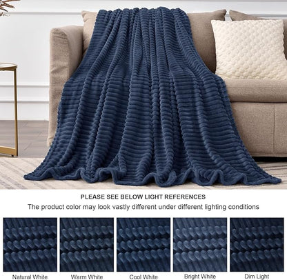 BEDELITE Fleece Throw Blanket for Couch – 3D Ribbed Jacquard Soft and Warm Decorative Fuzzy Blanket – Cozy, Fluffy, Plush Lightweight Navy Throw Blankets for Bed, Sofa, 84x90 inches