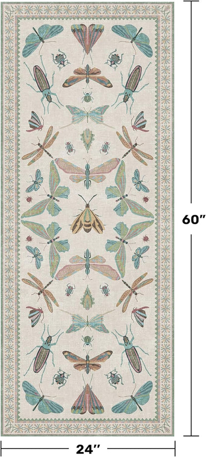 Hazo Haus Washable Non Slip Bathroom Runner Rug 2x5, Insect Boho Bath Mat, Stain Resistant Low Pile Butterfly Insect Print Rugs for Laundry Room, Powder Room, Beige Green