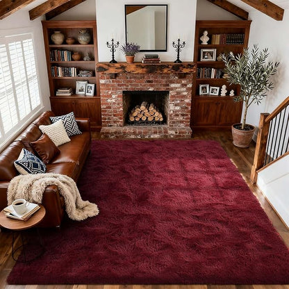 8x10 Ft Extra Large Shag Rugs for Living Room, Ultra Soft Fluffy Furry Area Rugs for Bedroom Indoor Floor, Aesthetic Carpet for Kids Home Decor (Burgundy)