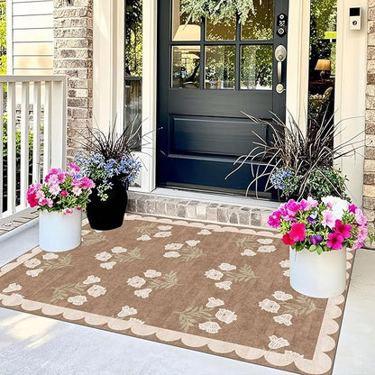 3x5 Floral Entry Rug - Small Washable Indoor Outdoor Mats for Front Door Non-Slip Porch Rug Tan Boho Neutral Farmhouse Throw Rugs for Living Room Bedroom Entryway Kitchen Office Porch Decor