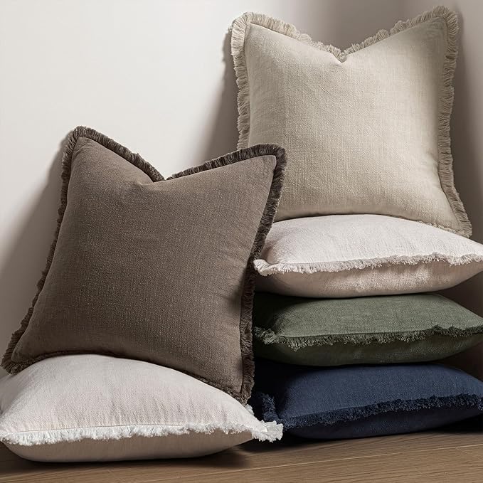 MIULEE Decorative Throw Pillow Covers Neutral Linen Fringe Throw Pillows Euro Shams Set of 2 Natural Coffee Boho Farmhouse Cushion Covers for Couch Sofa Bed Living Room Spring Home Decor 24x24 Inch