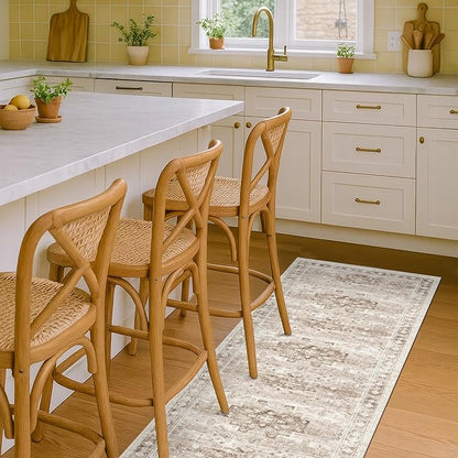 Hazo Haus Boho Bathroom Rug 2x5 Runner, Neutral Farmhouse Kitchen Rugs, Small Throw Runners for Laundry Room Bedroom, Vintage Floral Décor, Non-Slip Low-Pile Washable Stain Resistant Beige Latte