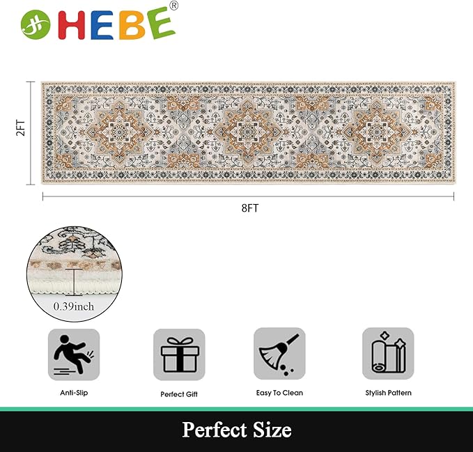 HEBE Hallway Runner Rug 2'x8' Washable Vintage Distressed Area Rugs Non Slip Laundry Rug Runner Boho Floor Carpet Runners for Hallways Entryway Laundry Room Kitchen Bathroom
