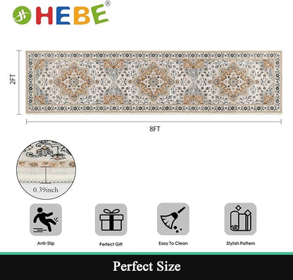 HEBE Hallway Runner Rug 2'x8' Washable Vintage Distressed Area Rugs Non Slip Laundry Rug Runner Boho Floor Carpet Runners for Hallways Entryway Laundry Room Kitchen Bathroom
