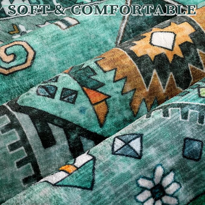 SERISSA Washable Rugs 9x12 Area Rugs, Large Non-Slip Boho Living Room Teal Rug, Ultra Soft Vintage Print Distressed Oriental Tribal Farmhouse Carpet for Dining Room Bedroom Dorm Office Home Decor