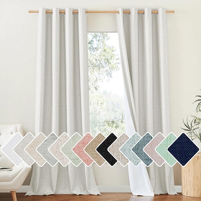 NICETOWN 100% Absolutely Blackout Linen Curtains with Thermal Insulated White Liner, Ivory, W52, 2 Pieces, Noise Reducing Textured Linen Look Curtains for Windows 102 inch Length for Classroom