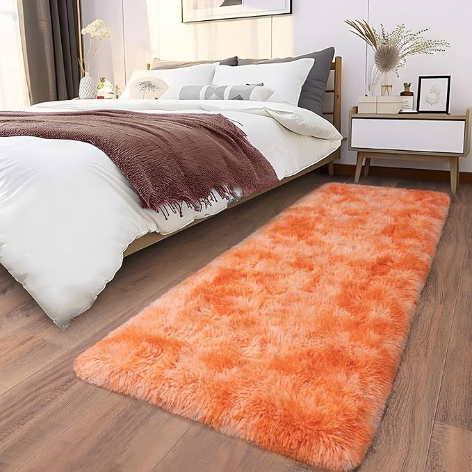 Soft Runner Rugs for Bedroom Hallways, 2x6 Tie-Dyed Orange Fluffy Shag Throw Area Rug Non Slip for Bedside Dorm, Long Shaggy Furry Carpet for Nursery Living Room