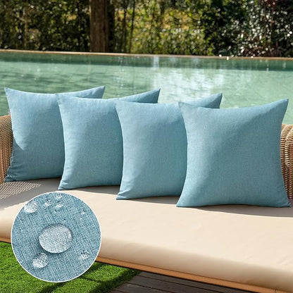 MIULEE Pack of 4 Decorative Outdoor Throw Pillow Covers Linen Waterproof Pillow Covers Farmhouse Cushion Cases for Patio Garden Tent Balcony Couch Sofa 16x16 inch Blue Gray